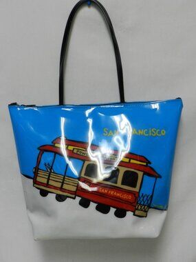 Marc Tetro San Francisco Trolley tram vinyl tote bag purse large zip blue red